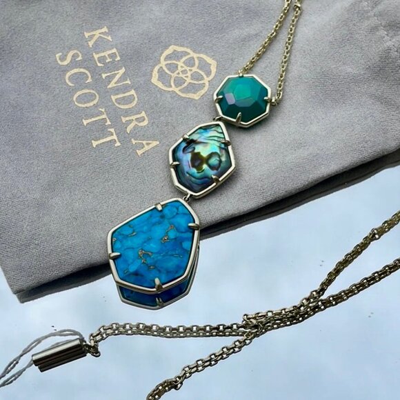 NWT Kendra Scott Blue Drusy Gold Nina Long Pendant Necklace Gorgeous Chic! - Picture 1 of 6